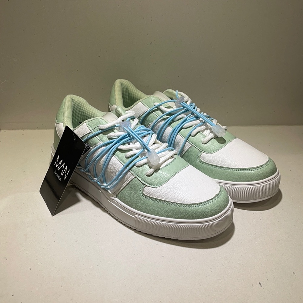 BoohooMAN sneakers. White, mint green & sky blue elastic cording. Size 7 in mens